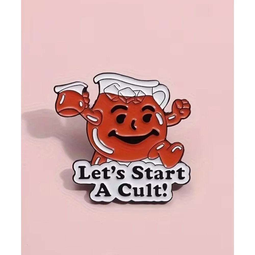 Let's Start A Cult Red Pitcher Mascot Enamel Pin Funny Retro Pop Culture Meme